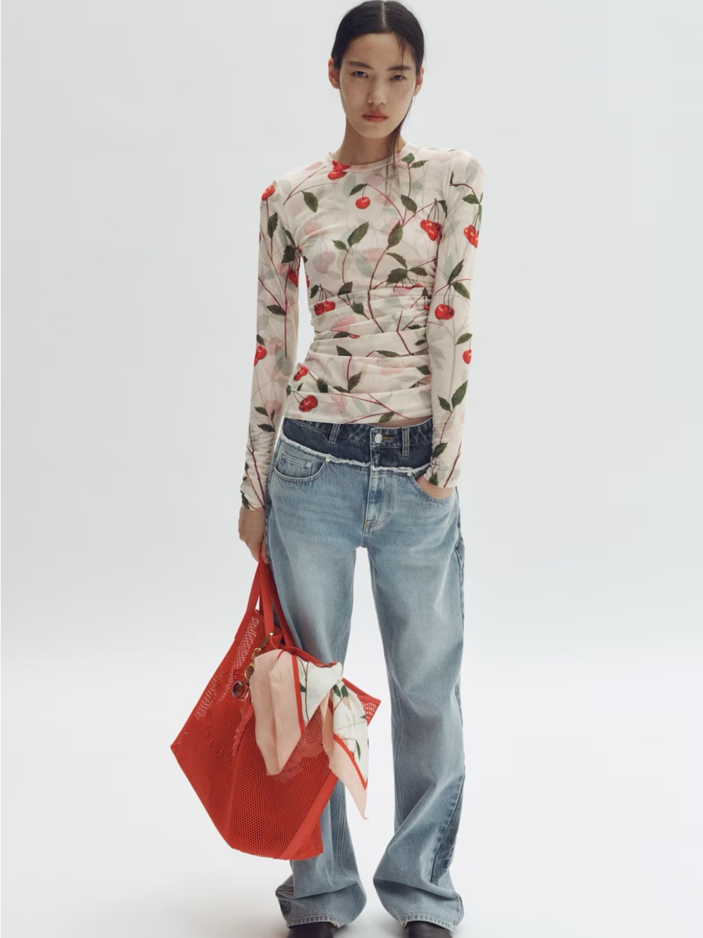 Long-Sleeve Cherry Print Top - Cream/Red - Picture 2 of 3